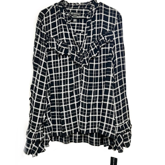 INC International Concepts Tops - INC. XL Ruffle black & white plaid snap top NWT